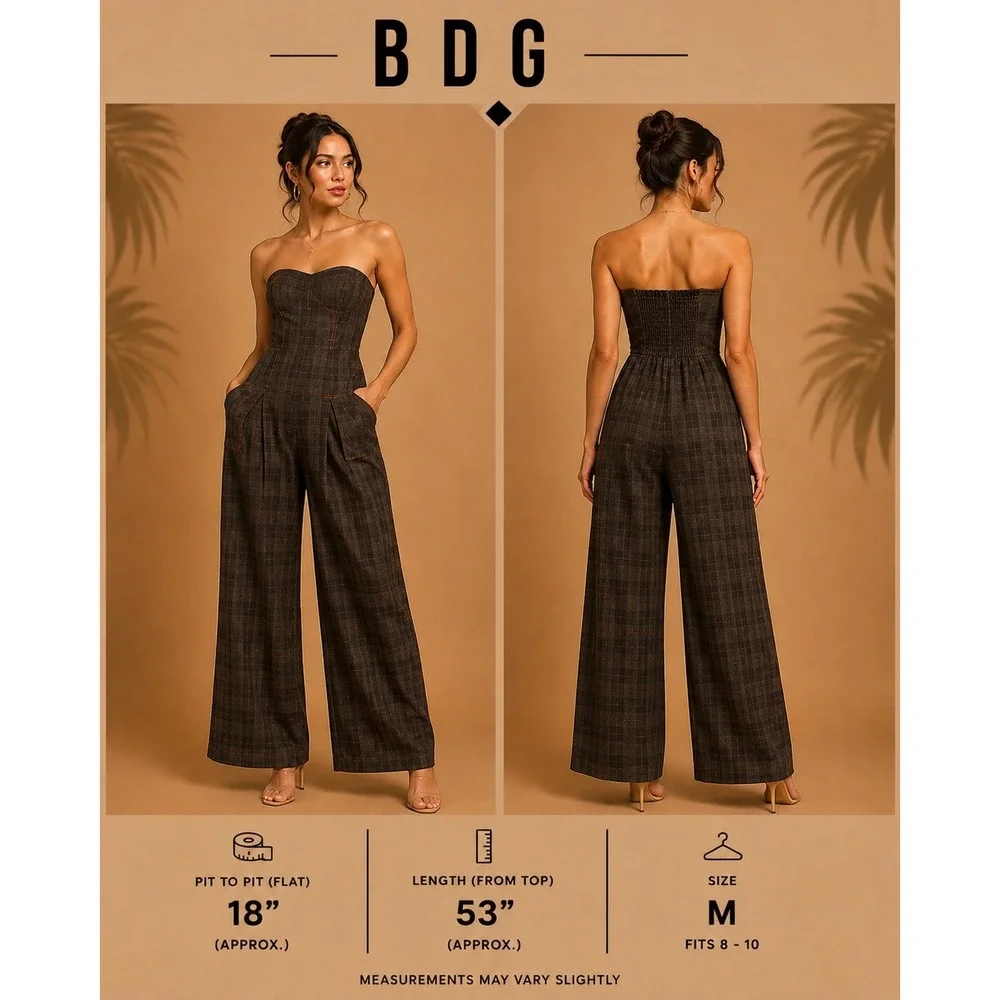 BDG Urban Outfitters Brown Plaid Strapless Wide Leg Jumpsuit Medium Pockets EUC